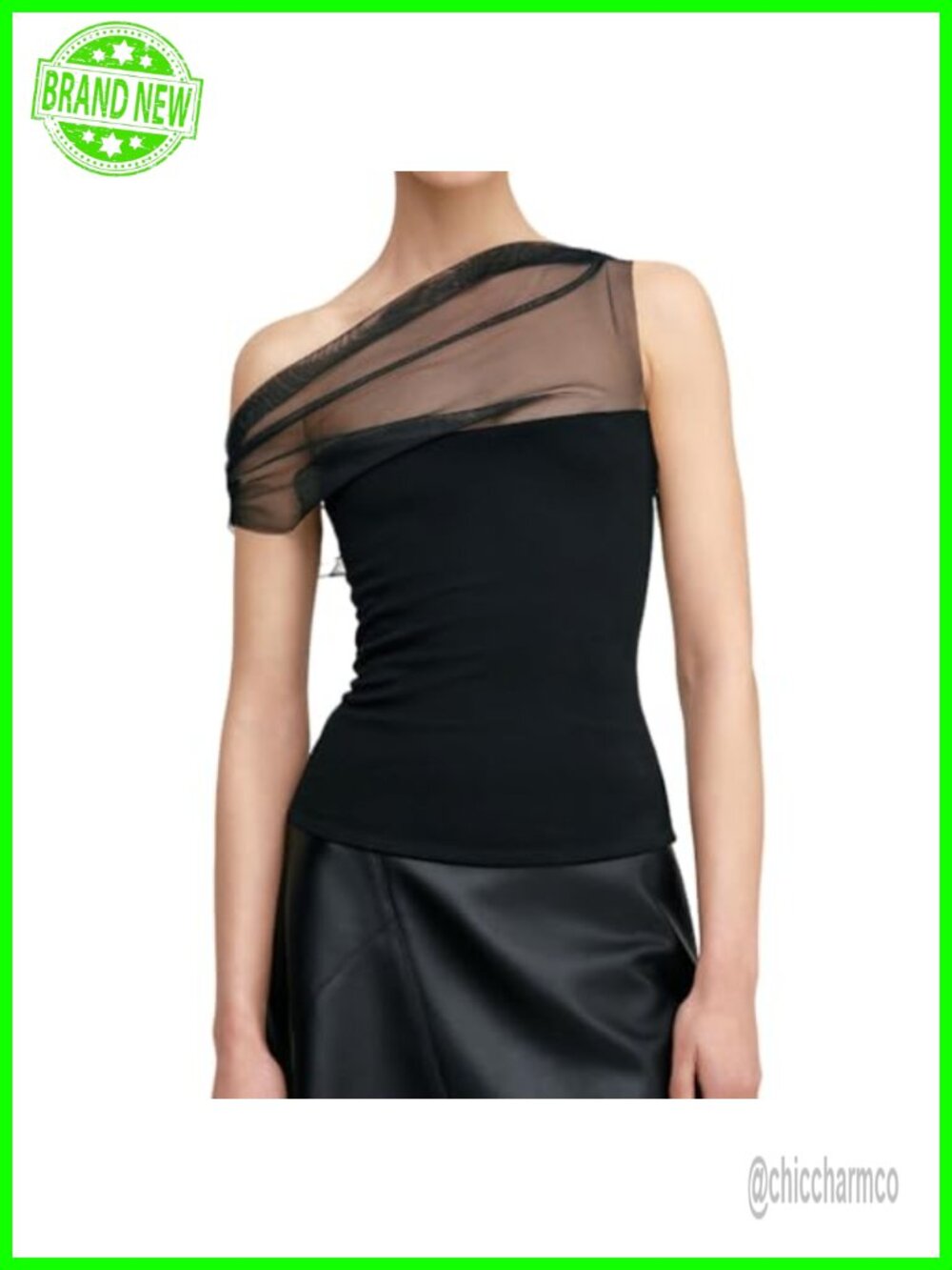 Women Y2k Sexy One Off Shoulder Tank Top Slim Fit Sheer Mesh Ruched Sleeveless